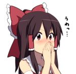  1girl black_hair blush bow bust commentary covering_mouth hair_bow hair_tubes hakurei_reimu leon_7 long_hair red_eyes solo sweat too_low_salary touhou translated 