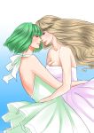  2girls absurdres blonde_hair blue_eyes blush breasts cleavage closed_eyes dress eyes_closed green_hair highres hug long_hair macross macross_frontier multiple_girls mutual_yuri open-back_dress ranka_lee sheryl_nome strapless_dress wa-me yuri 