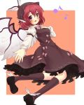  1girl animal_ears blush breasts dress fang hand_on_own_chest highres kneehighs long_sleeves musical_note mystia_lorelei open_mouth outstretched_arm outstretched_hand red_eyes red_hair redhead sailor_antei short_hair simple_background singing solo touhou winged_hat winged_shoes wings 