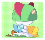  bandaid book checkered checkered_background chocolate chocolate_heart cup full_body green_background heart holding holding_book no_humans pillow plaid plaid_background plate pokemon pokemon_(creature) pokemon_(game) pokemon_rse quartette ralts reading sitting solo studying transparent_background watermark web_address 