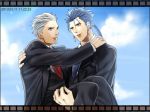  2boys archer blue_hair carrying dark_skin date earrings fate/stay_night fate_(series) formal grey_eyes jewelry lancer long_hair mitsuki_mitsuno multiple_boys necktie ponytail princess_carry red_eyes suit white_hair 