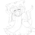  1girl flat_chest fox_tail fuuen_(akagaminanoka) lineart monochrome multiple_tails open_mouth outstretched_arms smile solo tail touhou transparent_background yakumo_ran 