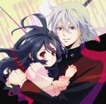  1boy 1girl ahoge black_hair hug hyoubu_kyousuke kaisen long_hair looking_at_viewer red_eyes school_uniform short_hair silver_hair smile yuugiri_(zettai_karen_children) zettai_karen_children 