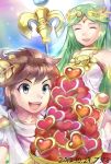  1boy 1girl :d azumi_(tks-sd) bare_shoulders blue_eyes brown_hair closed_eyes dated ears eyes_closed green_hair heart kid_icarus kid_icarus_uprising lips long_hair open_mouth palutena pit_(kid_icarus) scepter signature smile tiara very_long_hair 