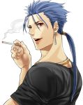  1boy blue_hair casual cigarette earrings fate/stay_night fate_(series) jewelry lancer long_hair mitsuki_mitsuno ponytail red_eyes solo t-shirt 
