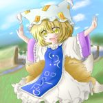  1girl aaakgun_taichou blonde_hair colored flat_chest fox_tail multiple_tails open_mouth outstretched_arms smile solo tail touhou yakumo_ran yellow_eyes 