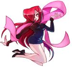  1girl bare_legs breasts full_body hair_over_one_eye jumping large_breasts long_hair minidress parasoul_(skullgirls) red_eyes red_hair redhead rtil scarf skullgirls solo sweater_dress very_long_hair 