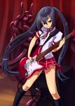  1girl \m/ black_hair cable electric_guitar flat_chest guitar ian_chase instrument kneehighs long_hair necktie original plaid plaid_skirt playing_instrument plectrum red_eyes school_uniform skirt tentacle tentacle_bento tentacles twintails very_long_hair 