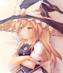  1girl :t blonde_hair bowtie bust buttons crossed_arms gradient gradient_background hat hat_ribbon highres kirisame_marisa long_hair looking_away matamataro pout puffy_short_sleeves puffy_sleeves ribbon short_sleeves solo touhou vest witch_hat yellow_eyes 