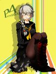  between_breasts boots braid breasts brown_legwear candy cross-laced_footwear full_body genderswap glasses grey_eyes grey_hair high_heel_boots highres houndstooth knee_boots knees_together_feet_together lace-up_boots large_breasts lollipop long_hair mouth_hold narukami_yuu necktie necktie_between_breasts onoe_junki pantyhose persona persona_4 school_uniform serafuku sitting skirt twin_braids unmoving_pattern 