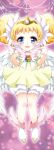  1girl blonde_hair bloomers blue_eyes brooch candy_(smile_precure!) choker double_bun dress hair_wings highres jewelry outstretched_hand personification precure puffy_sleeves purple_background royal_candy shoes short_hair skirt smile smile_precure! solo tiara white_wings wings yellow_dress yoshii_yumi 