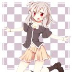  1girl blush bracelet checkered checkered_background flat_chest flower fuuen_(akagaminanoka) grey_hair hair_bobbles hair_flower hair_ornament jewelry kneeling looking_at_viewer midriff navel open_mouth original red_eyes shoes shorts socks solo 