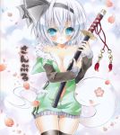  1girl :3 ayuayu bare_shoulders black_legwear blue_eyes blush bottomless bow breasts cherry_blossoms cleavage hair_bow hairband hitodama katana konpaku_youmu konpaku_youmu_(ghost) marker_(medium) naked_sweater no_bra no_pants off_shoulder petals sample sheath sheathed short_hair silver_hair solo sweater sword thigh-highs thighhighs touhou traditional_media weapon zipper 