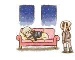  2girls character_request closed_eyes couch elma_leivonen eyes_closed katharine_ohare lying mukiki multiple_girls short_hair sleeping smile strike_witches 