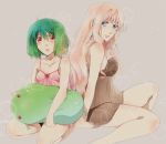  2girls babydoll blue_eyes chemise gen_(enji) green_hair kneeling lingerie long_hair looking_back macross macross_frontier multiple_girls pink_hair ranka_lee red_eyes sheryl_nome stuffed_animal stuffed_toy underwear underwear_only 