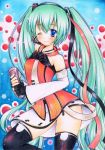  1girl blue_eyes detached_sleeves freely_tomorrow_(vocaloid) green_hair hatsune_miku headset long_hair marker_(medium) my_(mylilla811) panties pantyshot pastel_(medium) project_diva_f skirt smile solo thighhighs traditional_media twintails underwear very_long_hair vocaloid watercolor_pencil_(medium) wink 