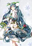  1girl aqua_eyes aqua_hair hatsune_miku headset highres long_hair nadinehuifu rabbit snowdrop_(flower) snowflakes solo twintails very_long_hair vocaloid yuki_miku 