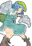  1girl backpack bag blue_eyes blue_hair blush boots breasts cap hair_bobbles hair_ornament hat kawashiro_nitori key mechanical_arm short_hair skirt smile solo touhou twintails 