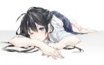  1girl barefoot black_hair blue_eyes blurry blush depth_of_field foreshortening long_hair looking_at_viewer lying on_stomach original pleated_skirt school_uniform simple_background skirt solo taxi_(owp) white_background wink 