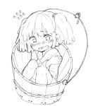  1girl artist_request blush bucket flying_sweatdrops hair_bobbles hair_ornament in_bucket in_container japanese_clothes kimono kisume looking_at_viewer monochrome open_mouth shy solo sweat touhou twintails wavy_mouth 