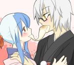  1boy 1girl alternate_costume alternate_hairstyle blue_hair blush couple eating eye_contact food food_in_mouth glasses grey_hair hand_on_another&#039;s_shoulder hetero japanese_clothes jewelry kamishirasawa_keine kimono long_hair looking_at_another mochi morichika_rinnosuke multicolored_hair new_year payot pink_background red_eyes ring sag_(karehabase) short_hair touhou two-tone_hair wagashi yellow_eyes 