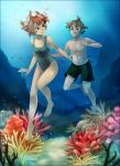  1boy 1girl barefoot brown_hair coral diving fish flower freediving hair_flower hair_ornament meago ocean one-piece_swimsuit original rock short_hair swim_trunks swimming swimsuit underwater water 