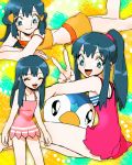 1girl ;) alternate_costume blue_hair hikari_(pokemon) numata piplup pokemon pokemon_(anime) pokemon_(creature) swimsuit v wink 