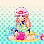  1girl blue_(pokemon) bulbasaur hat long_hair numata oddish orange_eyes orange_hair petting pokemon pokemon_(creature) pokemon_(game) pokemon_frlg porkpie_hat sitting skirt 