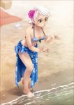  1girl barefoot beach bikini_top cleavage flower green_eyes meago ocean original sand sarong sea seashell shell short_hair swimsuit towel white_hair 
