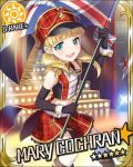  1girl aiguillette band_uniform blonde_hair character_name color_guard diamond elbow_gloves flag gloves green_eyes hair_ornament hat hat_feather holding idolmaster idolmaster_cinderella_girls jpeg_artifacts marching_band mary_cochran midriff navel official_art plaid skirt smile solo stage sun_(symbol) tailcoat thigh-highs thighhighs twintails uniform union_jack white_legwear wrist_cuffs 