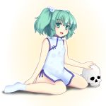 1girl alternate_costume bare_arms bare_legs bare_shoulders blush china_dress chinese_clothes gomi_(gomitin) green_eyes green_hair hair_bobbles hair_ornament kisume open_mouth short_hair short_twintails sitting skull smile socks solo touhou twintails wariza white_legwear 