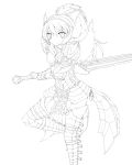  1girl armor fuuen_(akagaminanoka) highres lineart long_hair monochrome monster_hunter rathalos_(armor) solo sword transparent_background weapon 