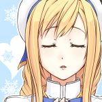  1girl alicia_florence aria beret blonde_hair close-up closed_eyes eyes_closed getsumen hand_on_own_chest hat incipient_kiss sidelocks snowflakes solo 
