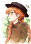  1girl anne_of_green_gables anne_shirley braid bust flower grey_eyes hat lily_of_the_valley orange_hair solo tonykun twin_braids 