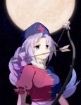  1girl arrow bow_(weapon) braid breasts hat holding long_hair moon mouth mouth_hold multicolored_hair nurse_cap purple_eyes purple_hair silver_hair smile suihei_liebe touhou violet_eyes weapon yagokoro_eirin 