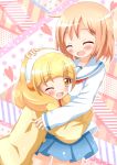  2girls :d ;d ^_^ blush cardigan closed_eyes crossover eyes_closed hairband hand_on_another's_head heart highres hug kanemoto_hisako kise_yayoi kotoura-san kotoura_haruka multiple_girls open_mouth orange_eyes orange_hair polka_dot precure school_uniform seiyuu_connection serafuku skirt smile smile_precure! wink zenon_(for_achieve) 