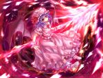  1girl ankle_cuffs bat_wings blouse brooch gradient gradient_background head_tilt jewelry lavender_hair light_particles looking_at_viewer mob_cap open_hand puffy_short_sleeves puffy_sleeves red_eyes remilia_scarlet short_sleeves skirt spear_the_gungnir touhou wings wrist_cuffs yudaoshan 