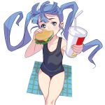  1girl aqua_eyes blue_hair blush drink eating flat_chest food green_eyes hamburger long_hair looking_at_viewer masao one-piece_swimsuit original outstretched_arm purple_hair simple_background sitting solo straw swimsuit twintails white_background 