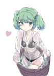  1girl black_bra black_panties blush bra bucket green_eyes green_hair hair_bobbles hair_ornament heart in_bucket in_container japanese_clothes kimono kisume long_sleeves looking_at_viewer panties see-through sinzan solo touhou twintails underwear water wet wet_clothes yukata 