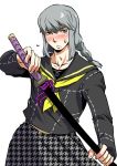  1boy blush braid chinjuu_hibakichi crossdressinging grey_eyes grey_hair houndstooth katana long_hair narukami_yuu persona persona_4 scabbard school_uniform serafuku sheath sheathed skirt sweatdrop sword twin_braids unmoving_pattern weapon 