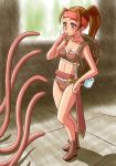  1girl armor backpack bag bikini_armor brown_eyes brown_hair chunpai original ponytail sword tentacle tentacles weapon 