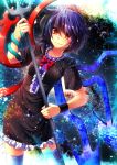  1girl asymmetrical_wings black_dress bow dress fuuna_(conclusion) highres houjuu_nue looking_at_viewer polearm purple_hair purple_legwear red_eyes short_sleeves smile snake solo space star thigh-highs thighhighs touhou trident weapon wings wristband zettai_ryouiki 