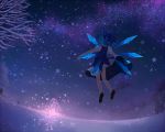 1girl ankle_socks blue_dress blue_hair bow cirno dress flying from_behind hair_bow horizon konoe3 meadow milky_way night open_hands outdoors outstretched_arms short_sleeves sky snow snowflakes solo spread_arms star_(sky) starry_sky touhou tree twilight wind wind_lift wings 