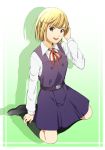  belt blonde_hair brown_eyes dress hair_ornament hairclip kneehighs kneeling loafers nishiuri_warito school_uniform shoes short_hair smile tamako_market tokiwa_midori 