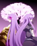  2girls back-to-back breasts cherry_blossoms claws fate/extra fate/extra_ccc fate_(series) hair_ribbon huge_breasts long_hair magi_the_labyrinth_of_magic meltlilith multiple_girls parody passion_lip purple_hair ribbon style_parody tree very_long_hair yakitori_(oni) 
