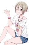 1girl ;p between_legs bracelet brown_eyes clothes_writing denim_skirt earrings grey_hair hand_between_legs idolmaster idolmaster_cinderella_girls jewelry leg_up necklace outstretched_hand shiomi_shuuko short_hair sitting smile solo t-shirt tokita_arumi tongue wink 