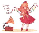  1girl blonde_hair closed_eyes colored_pencil_(medium) dancing english eyes_closed flandre_scarlet hair_ribbon long_hair no_hat no_headwear phonograph ribbon side_ponytail simple_background solo stuffed_animal stuffed_toy teddy_bear terajin touhou traditional_media white_background wings 