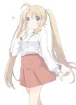  1girl ahoge ataru_(ataru_squall) blonde_hair blue_eyes blush heart long_hair looking_at_viewer original simple_background skirt smile solo twintails white_background 