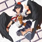  1girl ahoge belt black_hair black_wings film_strip grin hat mizuke_no_nai_tofu nail_polish necktie pointy_ears red_eyes shameimaru_aya skirt smile solo thigh-highs thighhighs tokin_hat touhou wings wink wristband zettai_ryouiki 