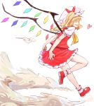  1girl ankle_cuffs ascot bare_legs blonde_hair bow flandre_scarlet grin hair_bow hair_over_eyes hat heart highres landing lunaticprince open_mouth short_hair side_ponytail simple_background skirt skirt_set smile solo touhou white_background wings 